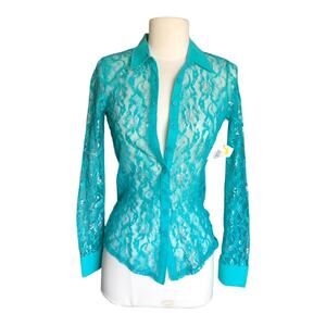 Bongo Y2K Flair Emerald Lace Subtle Silver Metallic Collar Button-Up Shirt Small